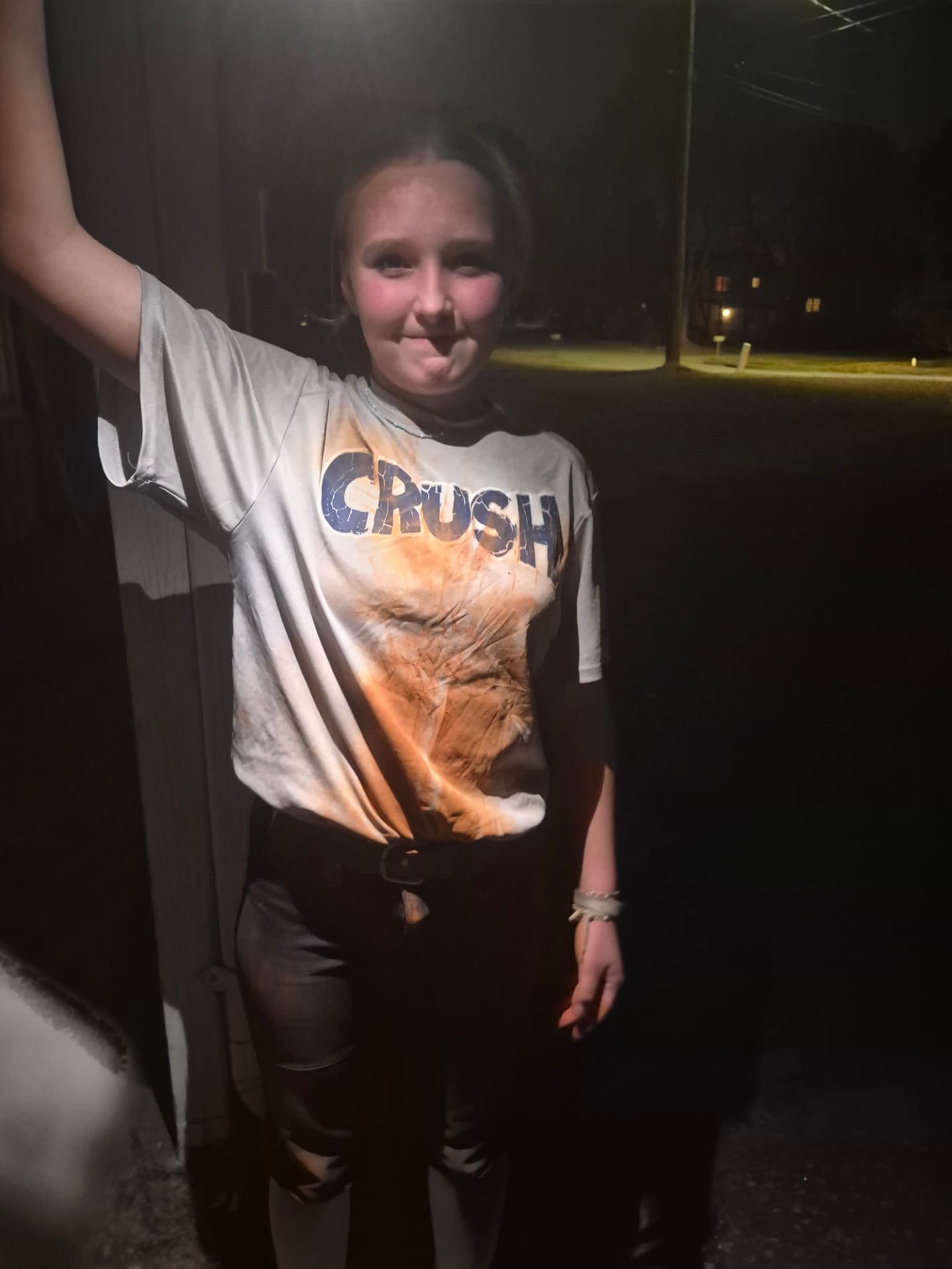 Shannon, #16, after a game in her well-earned dirty Crush jersey